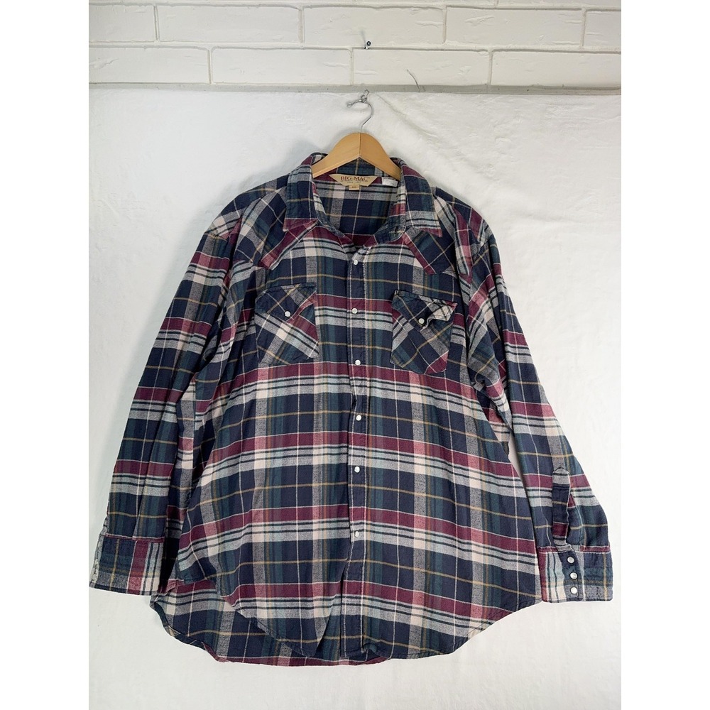Big Mac Flannel Shirt Mens 2XL Blue Plaid Western Pearl Snap Workwear Casual